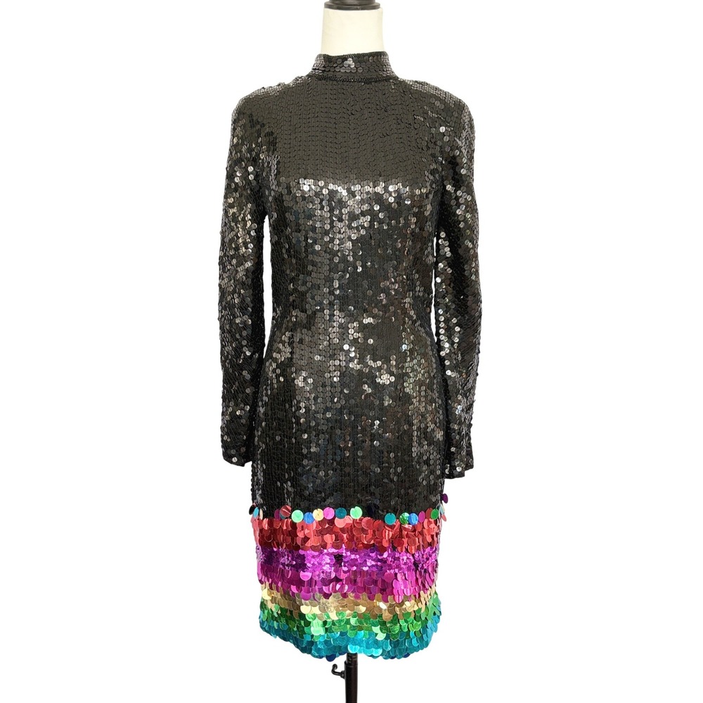 VTG 80s SILK Leslie Fay NYE New Years Party Sequin Rainbow Cocktail Dress Sz‎ 6